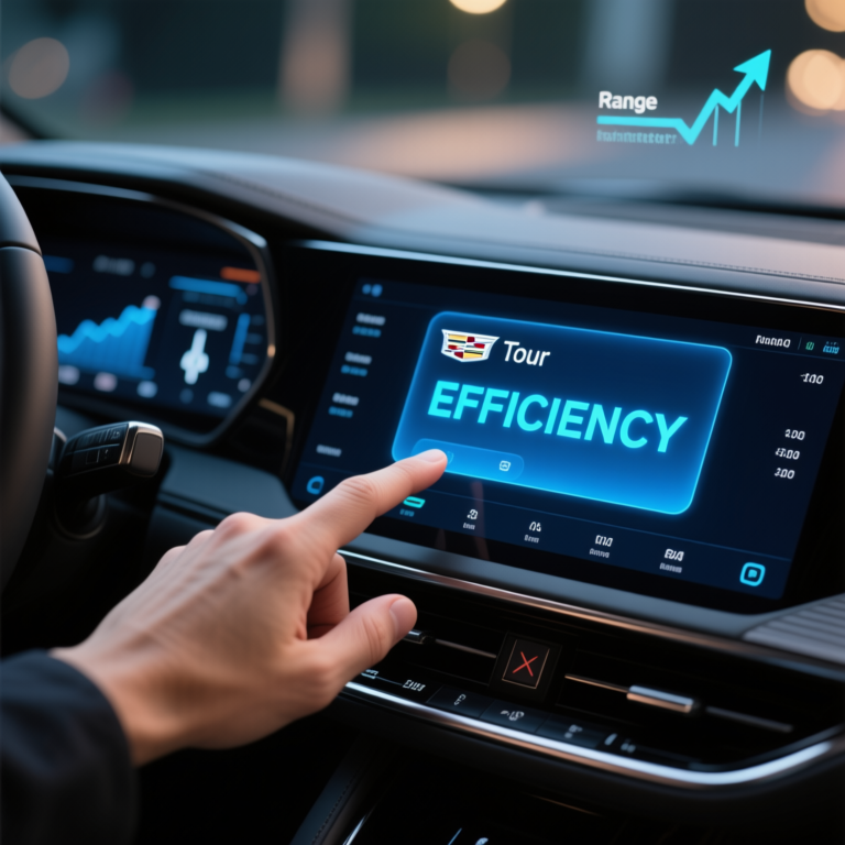 Cadillac Lyriq dashboard showing Tour mode efficiency display and driving range graph