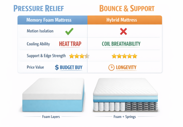 make a table comparing memory foam vs hybrid mattresses