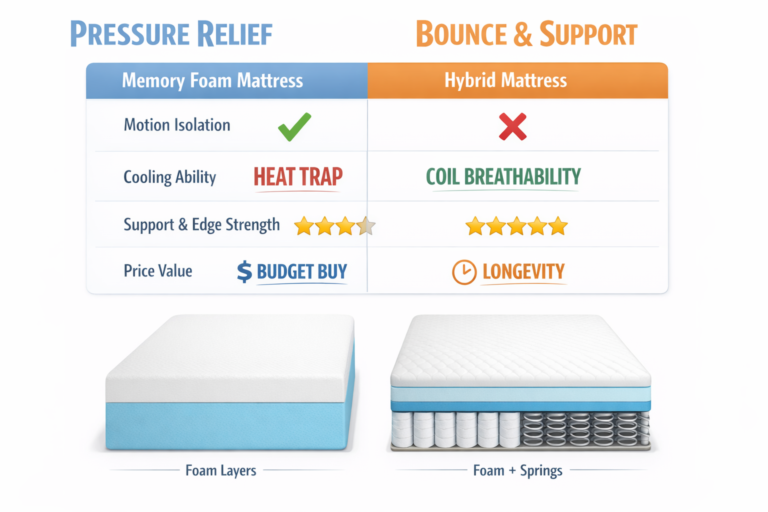 make a table comparing memory foam vs hybrid mattresses