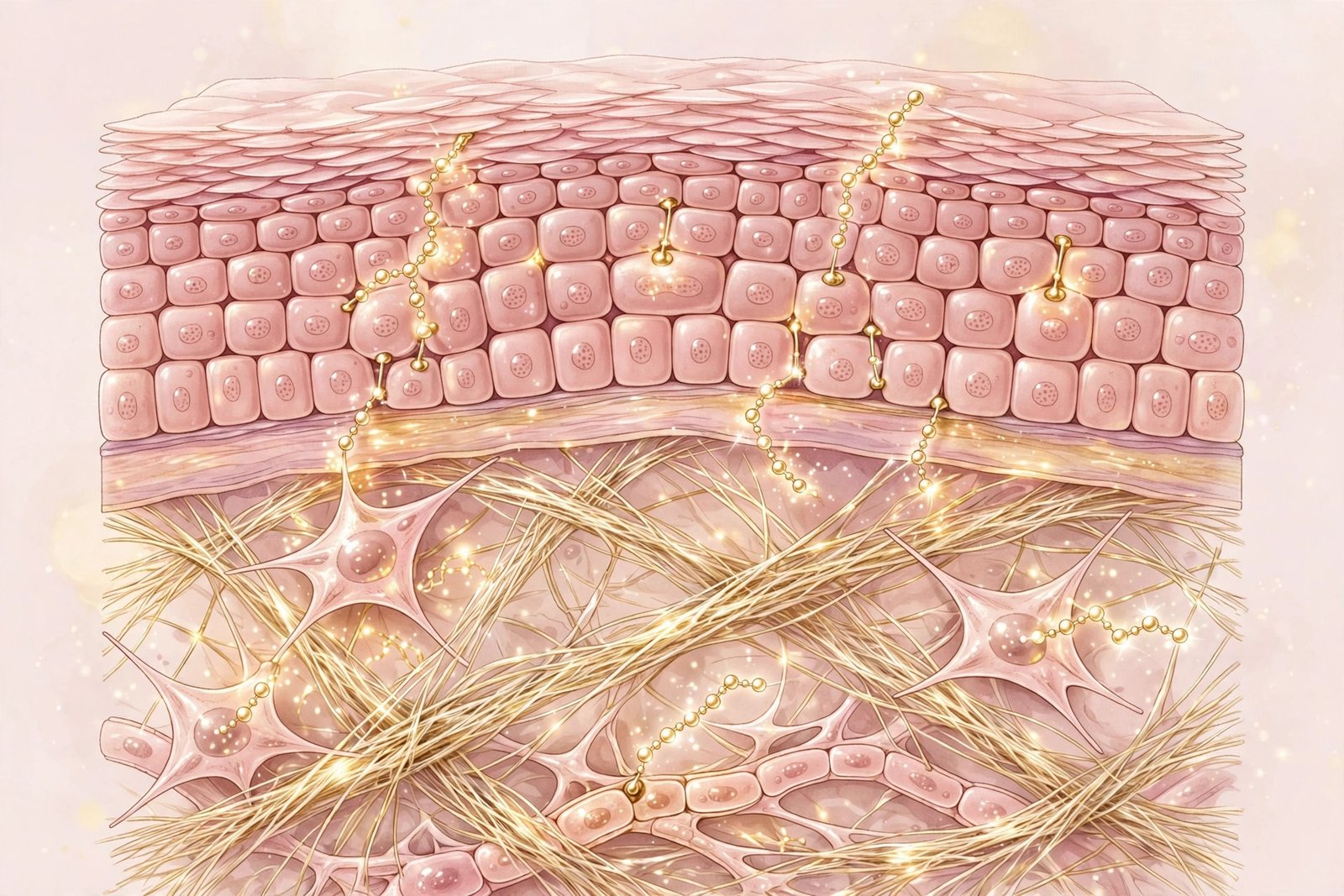 Glow peptide skin science illustration: skin layers with collagen fibers and peptide chains interacting with skin cells