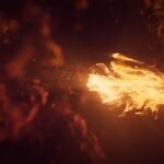 Dynamic abstract artwork featuring a fiery explosion with glowing orange and red flames.